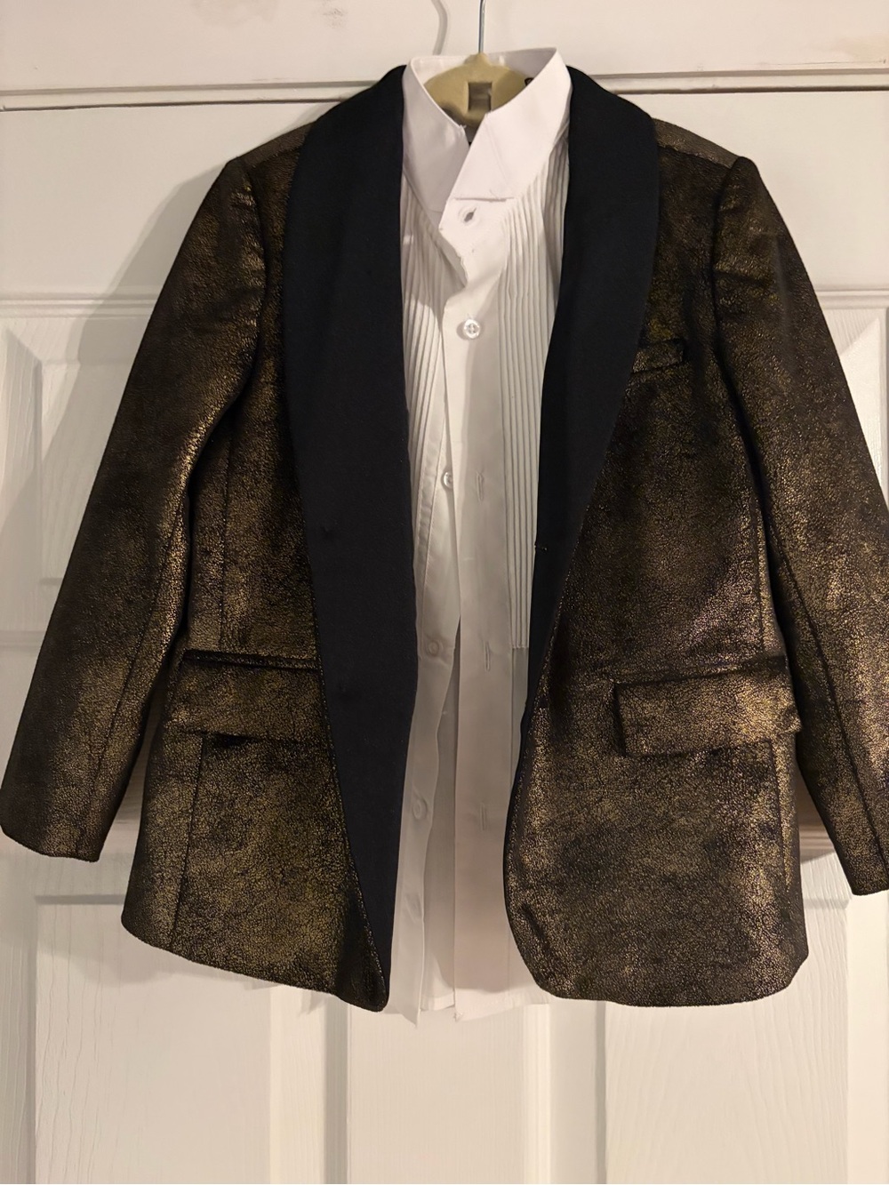 Boys size 5/6 Metallic Velvet Gold Shawl Lapel Blazer with Tuxedo Shirt